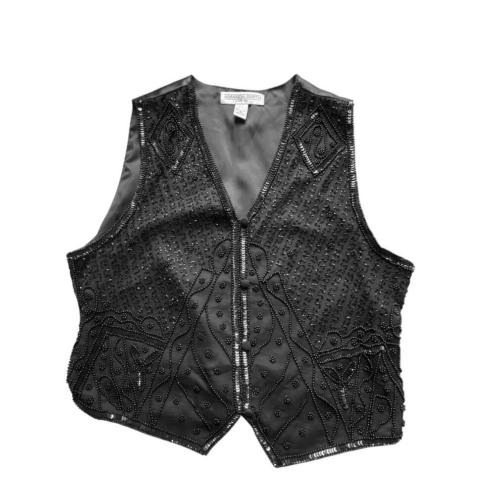 Amanda Smith Black Silk Beaded Embellished Vest Vintage
